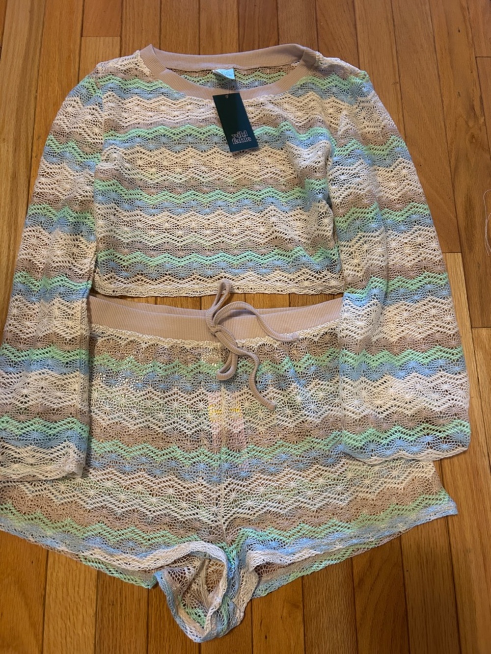 wild fable Beige Crochet Coverup Set with Pastel Blue & Mint Stripes
